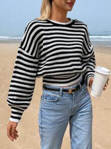 EURMUSE Women Striped Knit Design With Gold Button Detailed Sweater - Black and White - View 2