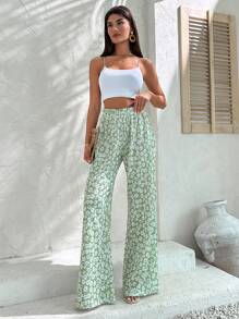 SHEIN Tall Tall Frenchy Floral Print Paperbag Waist Wide Leg Pants - Mint Green - View 3