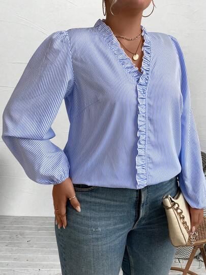 Rometta Chemise À Rayures Verticales À Volants Et À Ourlet Pour Femmes De Grande Taille