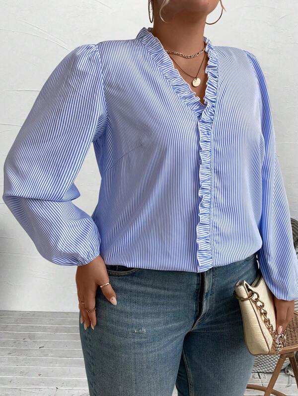 Rometta Camisa Feminina Casual De Listras Verticais Mais Tamanho Com Bainha Frisada