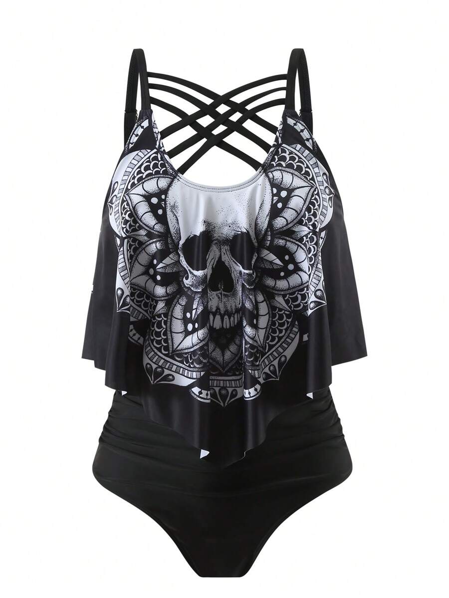 SHEIN Swim Curve 加大码夏季海滩骷髅与曼陀罗印花比基尼套装，适合度假和万圣节 - 黑與白 - 查看 1