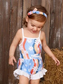 SHEIN Baby Girl Printed Sleeveless Strap Tops And Lace Shorts Set For Summer - Multicolor - View 5