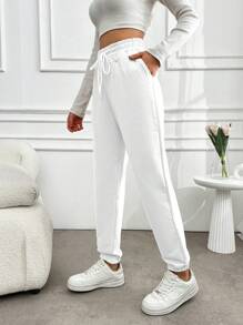 EURMUSE Women's Solid Color Drawstring Waist & Cuffed Hem Sweatpants - White - View 5