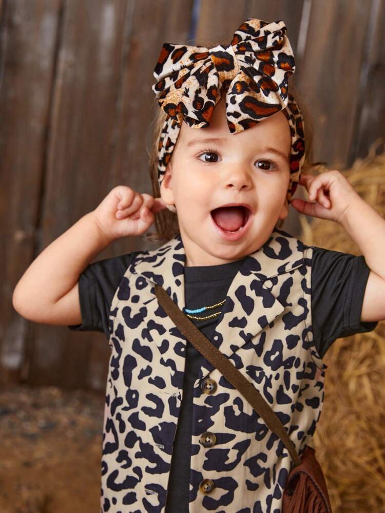 Baby Girl Fashionable Leopard Print Design Summer 3-Piece Daily Casual Outfit Set