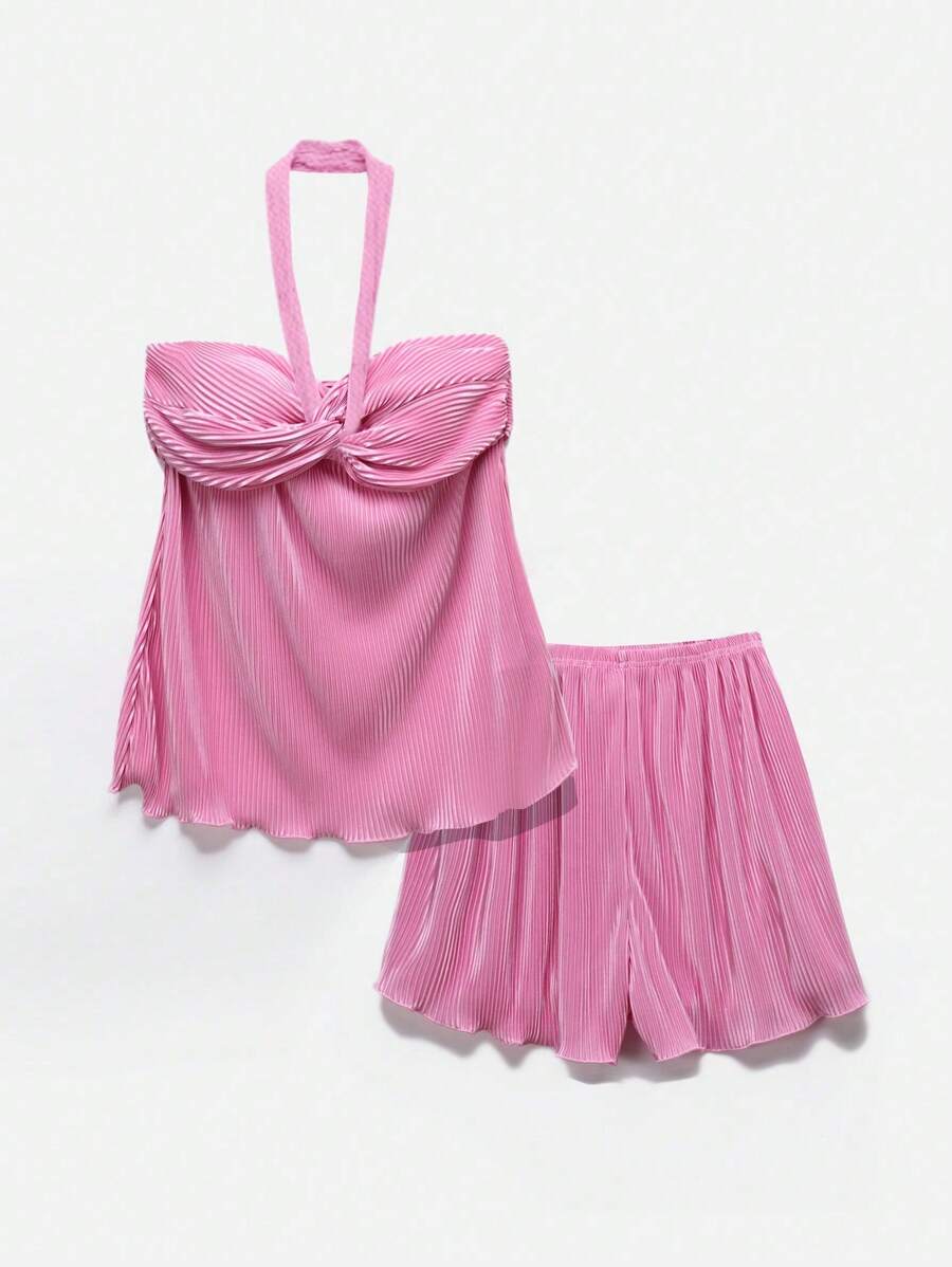 Comfortcana Women's Sleeveless V-Neck Pleated Crop Top And Shorts Set Short Sets Summer