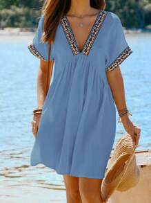 INAWLY 女性度假沙灘編織腰帶拼接蝙蝠袖連衣裙 - 藍色 - 查看 1