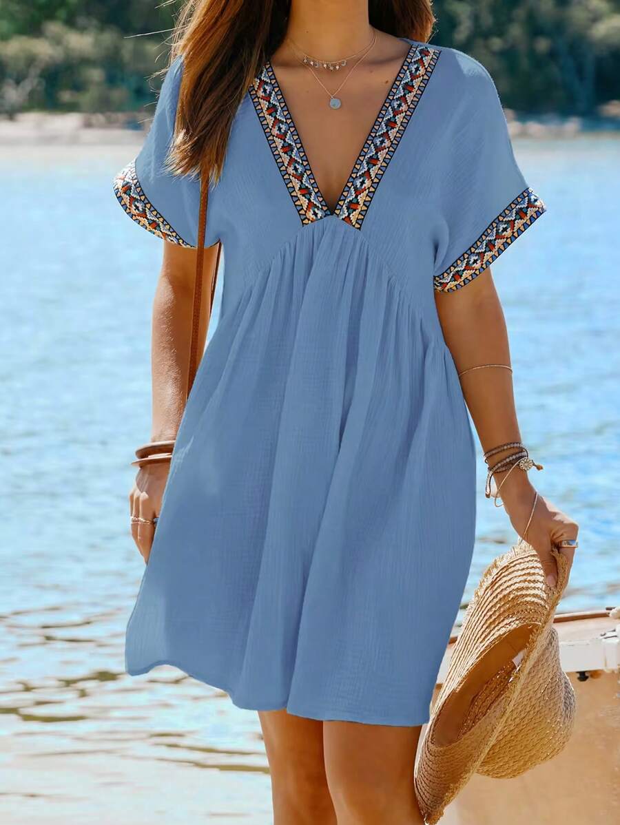 INAWLY 女性度假沙灘編織腰帶拼接蝙蝠袖連衣裙 - 藍色 - 查看 1