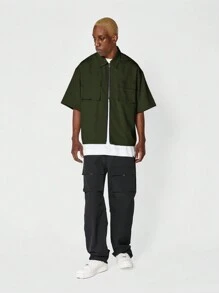 SUMWON Zip Through Shirt With Patch Pockets - Army Green - View 3