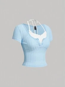 SHEIN MOD 可爱芭蕾蝴蝶结蕾丝边短袖二合一 T 恤夏季女式上衣 - 藍色 - 查看 3