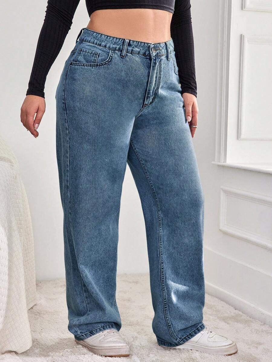 EURMUSE Plus Size  Casual Daily Wear Straight Leg Jeans - Medium Wash - View 1