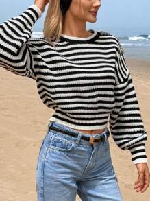 EURMUSE Women Striped Knit Design With Gold Button Detailed Sweater - Black and White - View 5