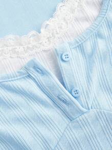 SHEIN MOD 可爱芭蕾蝴蝶结蕾丝边短袖二合一 T 恤夏季女式上衣 - 藍色 - 查看 4