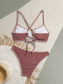 SHEIN Swim 性感露背內衣及泳裝底部比基尼套裝，夏季沙灘泳裝 - 珊瑚粉 - 查看 5