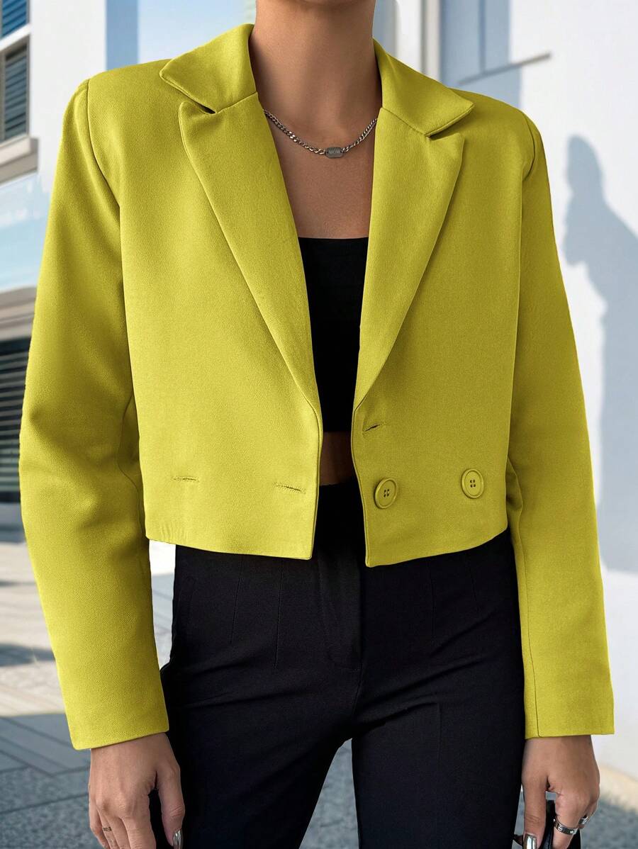 SHEIN Cottnline Turn Down Collar Double-breasted Suit Blazer - Mustard Yellow - View 1