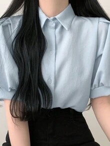 夏季休闲纯色宽松泡泡袖衬衫 - 藍色 - 查看 7