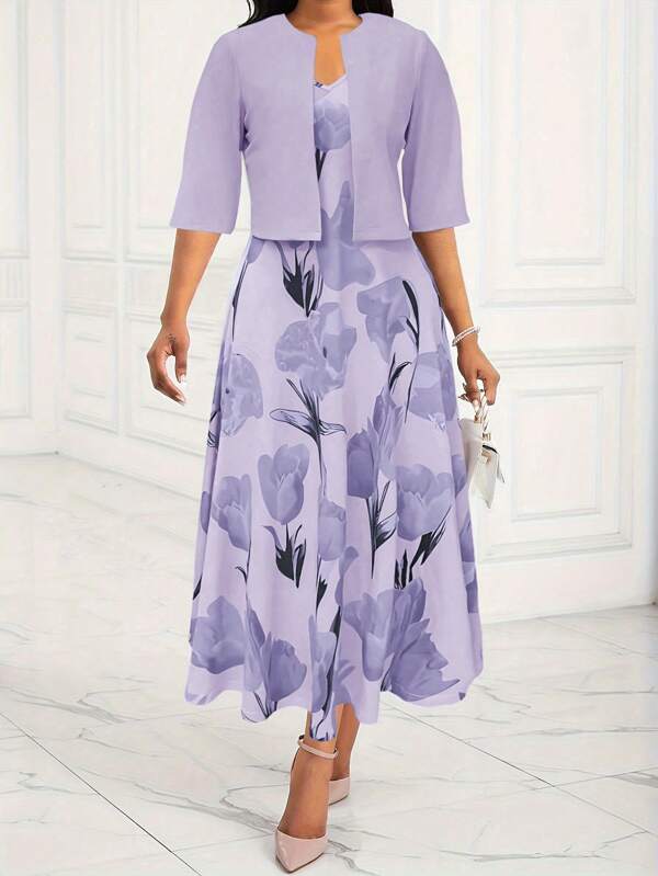 SHEIN Clasi Plus Size Solid Notched Neck Top And Floral Printed Sleeveless Dress Elegant 2pcs Set