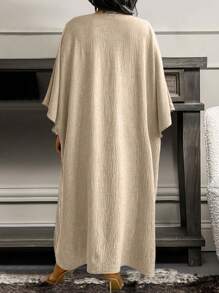 SHEIN LUNE 大尺碼女士簡約純色長袖連衣裙 - 卡其色 - 查看 2