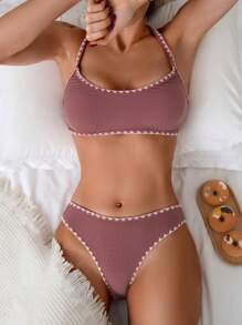 SHEIN Swim 性感露背內衣及泳裝底部比基尼套裝，夏季沙灘泳裝 - 珊瑚粉 - 查看 1