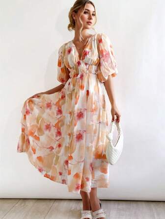 Sissyaki Women's 2024 Long Sleeve Boho Floral Dress V Neck Casual Long Dress