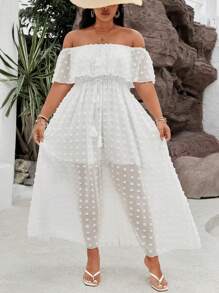 Breezaya 大尺碼女士度假露肩雪紡提花流蘇束腰連衣裙 - 白色 - 查看 5