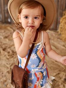 SHEIN Baby Girl Printed Sleeveless Strap Tops And Lace Shorts Set For Summer - Multicolor - View 4