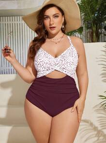 SHEIN Swim Curve 2025 大码女式波尔卡圆点印花交叉镂空性感细肩带连体泳衣夏季 - 紅色 - 查看 5