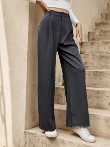 SHEIN Frenchy High Waist Plicated Detail Straight Leg Pants - Dark Grey - View 4