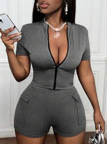 Slaydiva 休閒圓領拉鍊前短袖上衣和側分體修身迷你短褲套裝- Z款 - 深灰色 - 查看 6