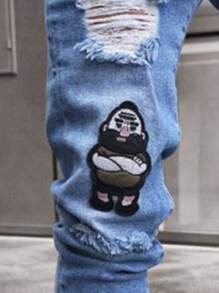 Men's Washed Embroidered Distressed Frayed Hem Casual Skinny Denim Jeans, Emo Style - Blue - View 3