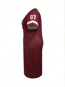 Plus Size Summer Fashionable Loose V-Neck Dress With Letter Print - Burgundy - View 4