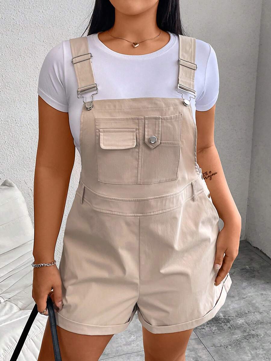 Flirla Plus Size Solid Color Casual Jumpsuit For Everyday Summer Wear - Apricot - View 1