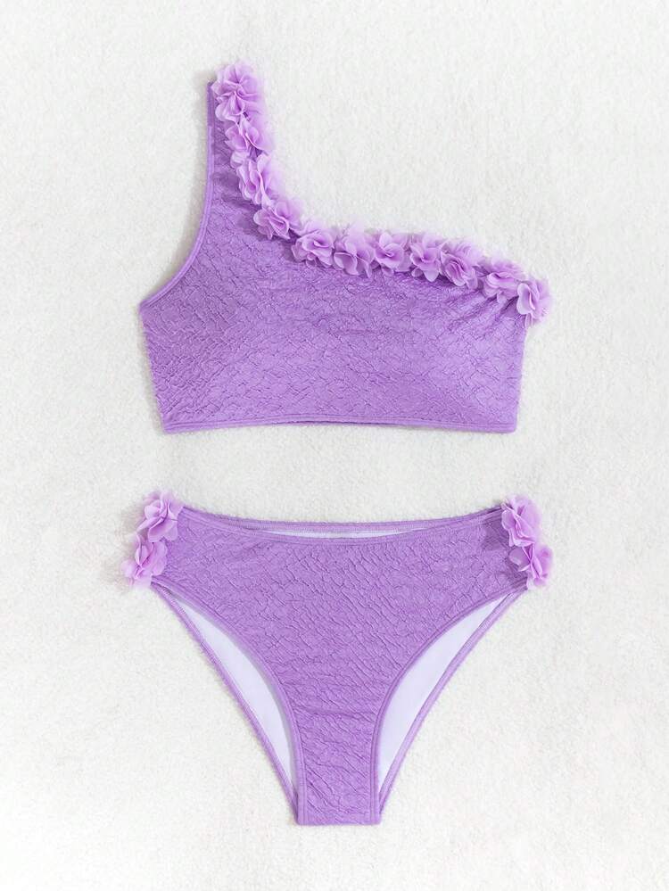 Summer Women's Solid Color 3D Flower Decor One Shoulder Sexy Bikini Set For Vacation