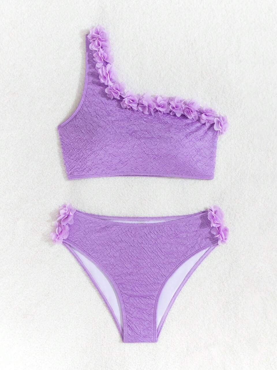 Summer Women's Solid Color 3D Flower Decor One Shoulder Sexy Bikini Set For Vacation