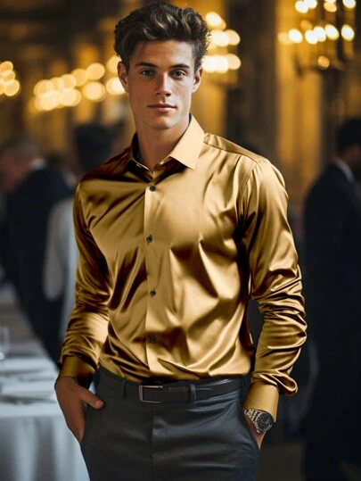 男士缎纹面料长袖正装衬衫，适合秋季