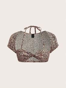 SHEIN ICON Leopard Print Halter Crop Top - Multicolor - View 7