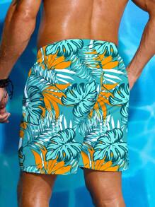 Manfinity 男式加大尺碼度假休閒沙灘短褲，印有植物圖案