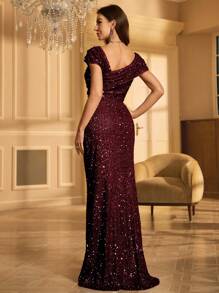 UNITHORSE Women's Asymmetric Neck Ruched Sequin Party Dress - Burgundy - View 2