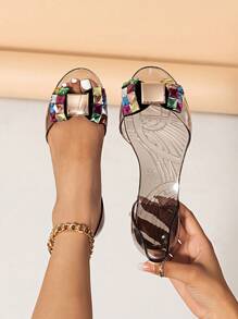 New Women Transparent Jelly Square Buckle Colorful Rhinestone Peep Toe Slip-On Flat Sandals,Spring Summer Outfits - Multicolor - View 1