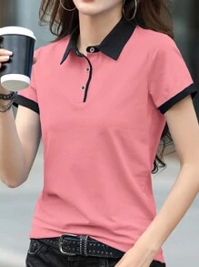 INAWLY 女士夏季拼色Polo領短袖休閒T卹 - 粉色 - 查看 3