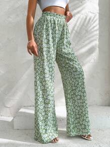 SHEIN Tall Tall Frenchy Floral Print Paperbag Waist Wide Leg Pants - Mint Green - View 4