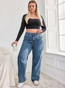 EURMUSE Plus Size  Casual Daily Wear Straight Leg Jeans - Medium Wash - View 6