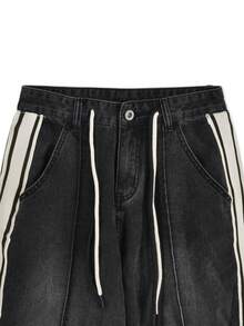 Women's Casual Fashionable Drawstring Waist Striped Denim Jeans - Grey - View 3