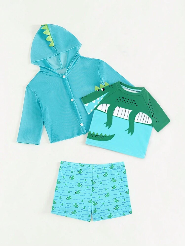 Baby Boys' Cartoon Round Neck Short Sleeve T-Shirt And Allover Print Swim Shorts Set, Matched With Front-Buttoned Long Sleeve Hooded Coat