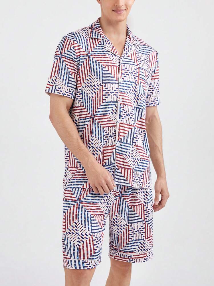 Men's Geometric Print Button-Down Short Sleeve Shirt And Shorts Set For Summer Home Wear