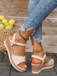 Women's Beige Buckle Strap Platform Sandals With Wedge Heels - Beige - View 2
