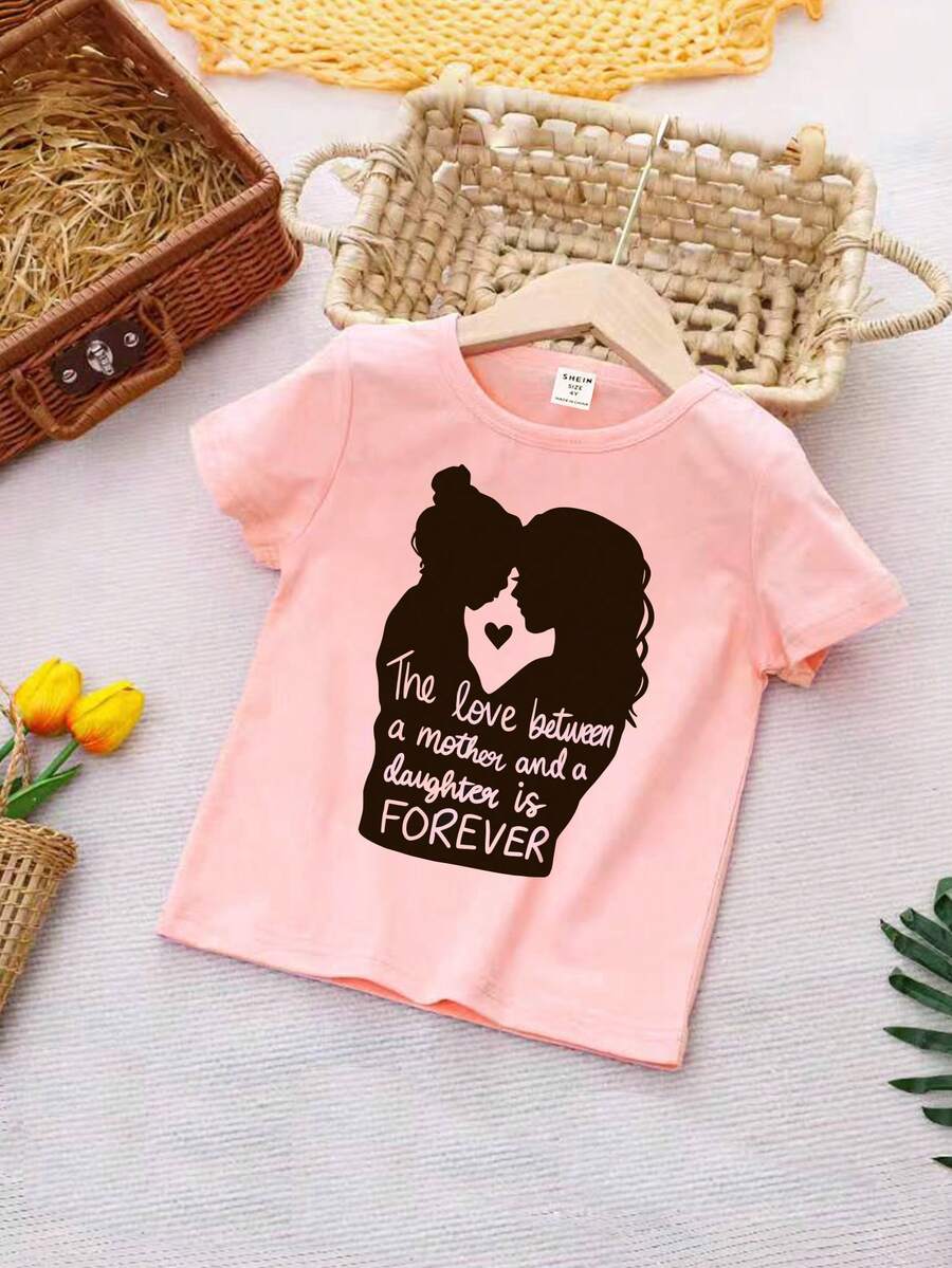 Young Girl Summer Casual T-Shirt With Slogan Print And Round Neck - Pink - View 1