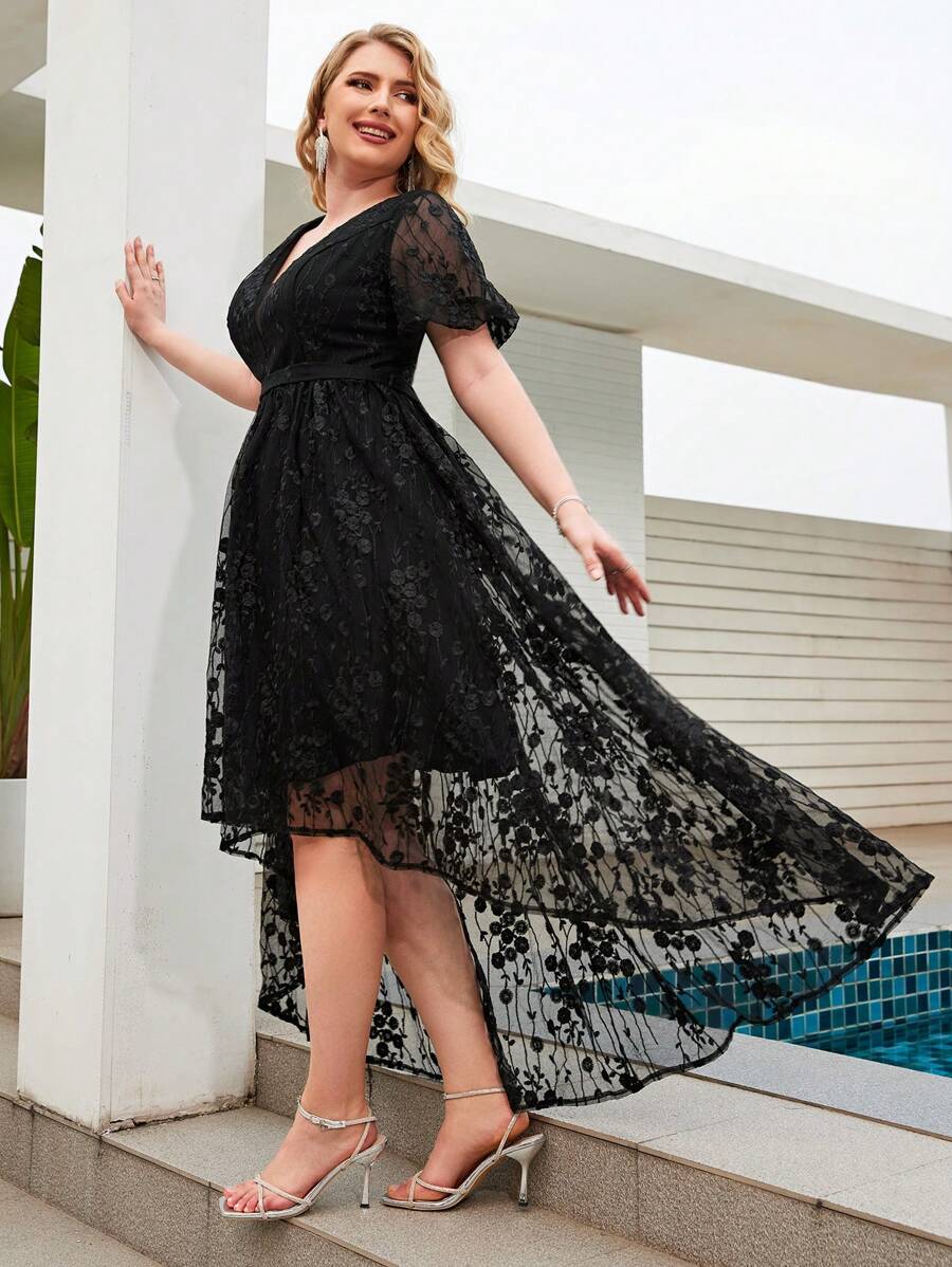 UNITHORSE Plus Butterfly Sleeve High Low Hem Embroidery Bridesmaid Dress