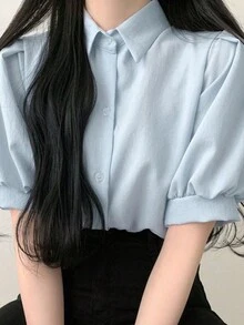 夏季休闲纯色宽松泡泡袖衬衫 - 藍色 - 查看 8