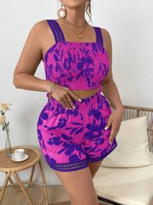 Flirla 大尺碼花卉印花露背上衣和短褲套裝，適用於度假和休閒，緊身合身