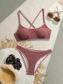SHEIN Swim 性感露背內衣及泳裝底部比基尼套裝，夏季沙灘泳裝 - 珊瑚粉 - 查看 4